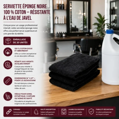 Serviette éponge noire 100 % coton – Résistante à l’eau de Javel
