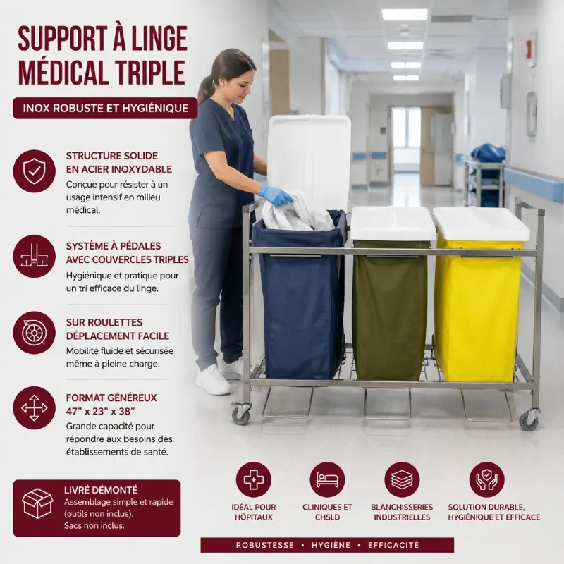 Support à linge médical triple – Inox robuste et hygiénique