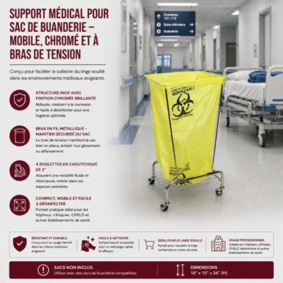 Support médical pour sac de buanderie – Mobile, chromé et à bras de tension