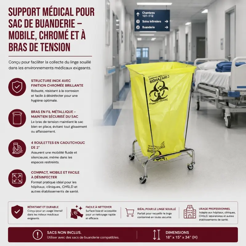 Support médical pour sac de buanderie – Mobile, chromé et à bras de tension