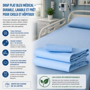 Drap plat bleu médical – durable, lavable et prêt pour CHSLD et hôpitaux