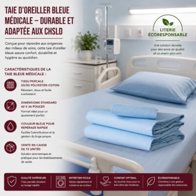 Taie d’oreiller bleue médicale – durable et adaptée aux CHSLD