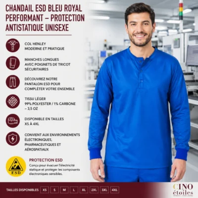 Chandail ESD bleu royal performant – Protection antistatique unisexe