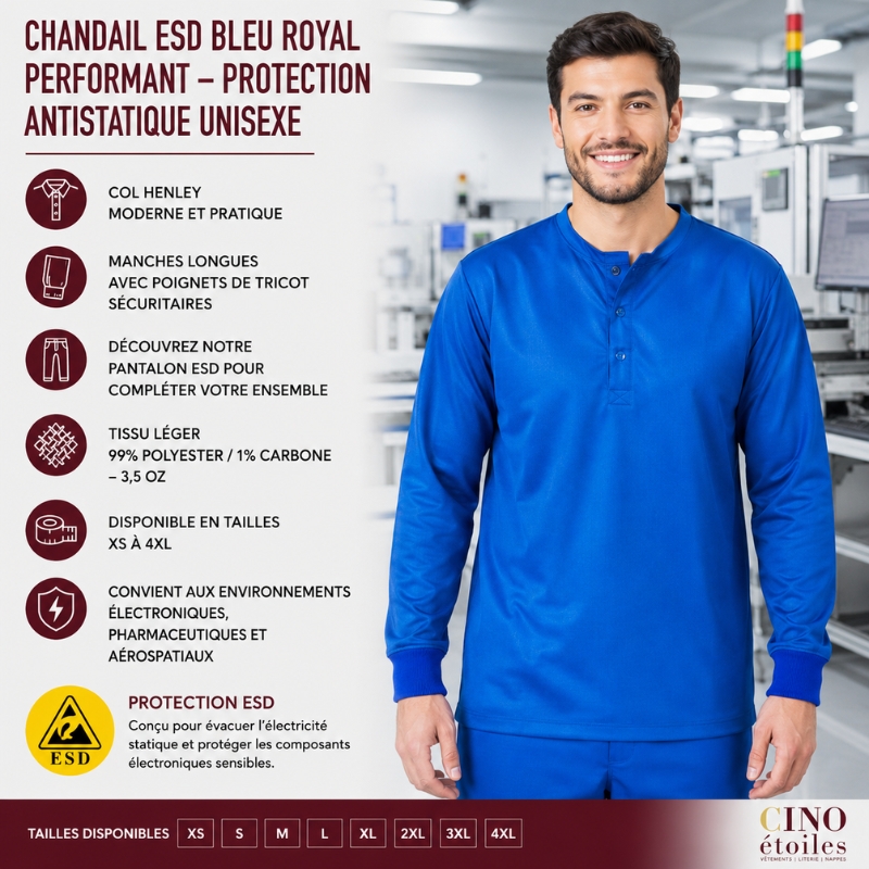 Chandail ESD bleu royal performant – Protection antistatique unisexe