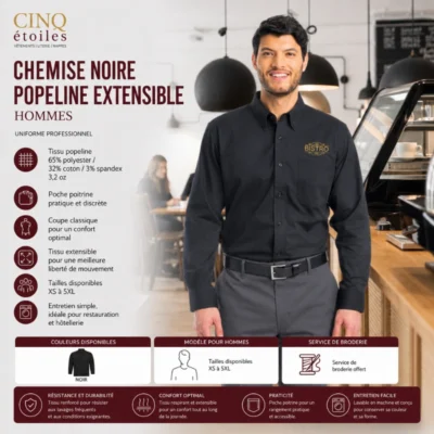 Chemise noire popeline extensible – Uniforme professionnel hommes