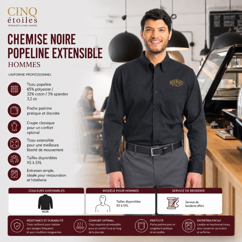 Chemise noire popeline extensible – Uniforme professionnel hommes