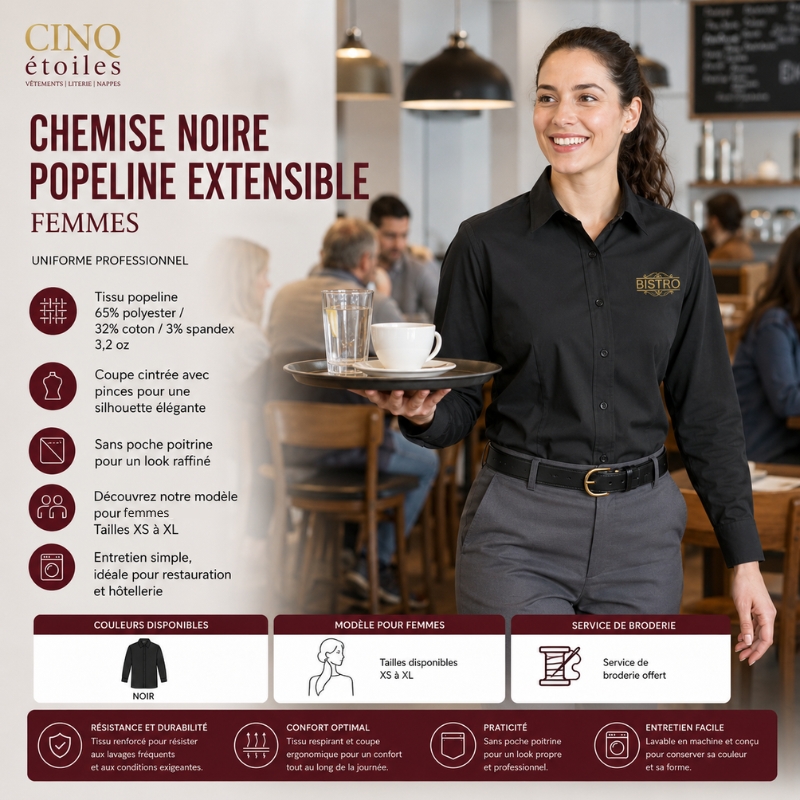 Chemise noire popeline extensible – Uniforme professionnel Femmes