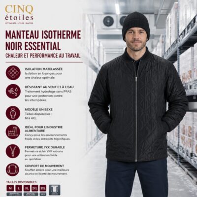 Manteau isotherme Noir Essential – Chaleur et performance au travail