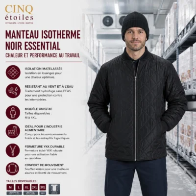 Manteau isotherme Noir Essential – Chaleur et performance au travail
