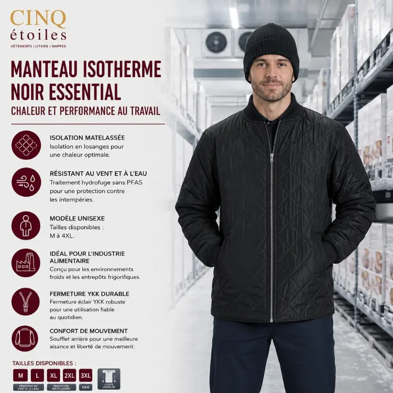 Manteau isotherme Noir Essential – Chaleur et performance au travail