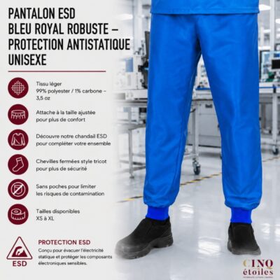 Pantalon ESD bleu royal robuste – Protection antistatique unisexe
