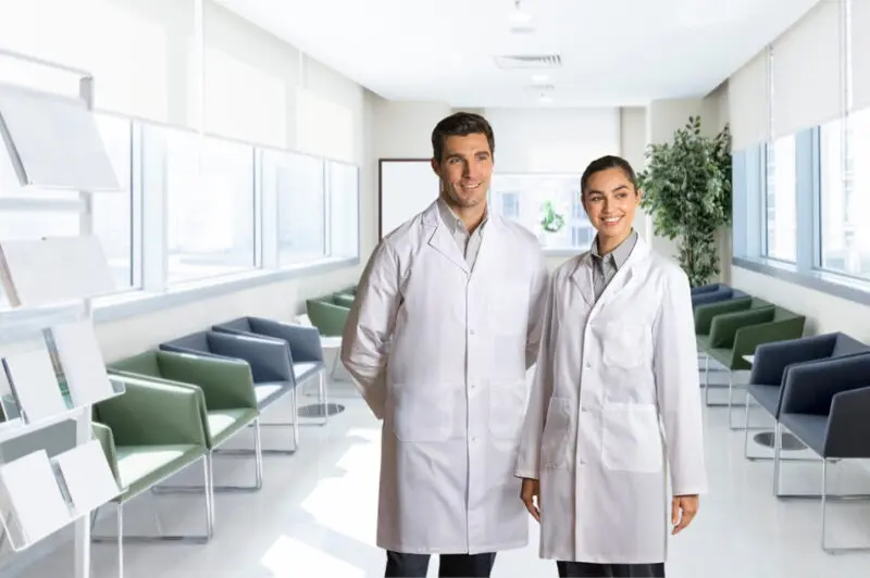 Sarrau blanc long 100% coton sergé pour laboratoire et milieu médical au Québec