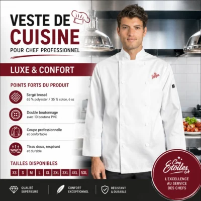 Veste de cuisine blanche pour chef professionnel - Luxe et Confort