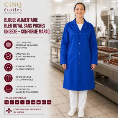 Blouse alimentaire bleu royal sans poches unisexe - Conforme MAPAQ