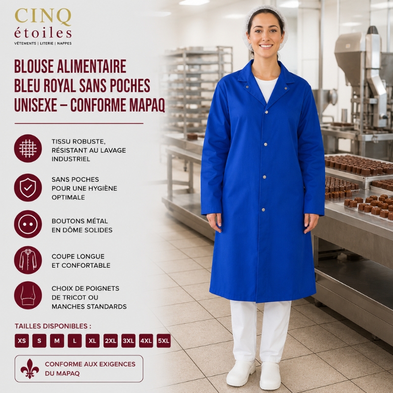 Blouse alimentaire bleu royal sans poches unisexe - Conforme MAPAQ