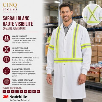 Sarrau blanc haute visibilité domaine alimentaire – bandes réfléchissantes 2″