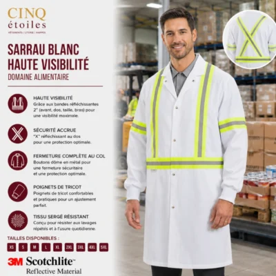 Sarrau blanc haute visibilité domaine alimentaire – bandes réfléchissantes 2″