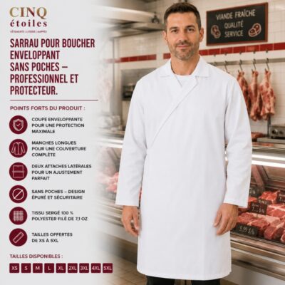 Sarrau pour boucher enveloppant sans poches– professionnel et protecteur