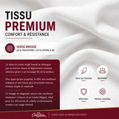Veste de cuisine blanche pour chef professionnel – Luxe et Confort, explications sur le coton brossé respirant