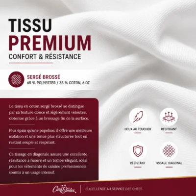 Veste de cuisine blanche pour chef professionnel – Luxe et Confort, explications sur le coton brossé respirant