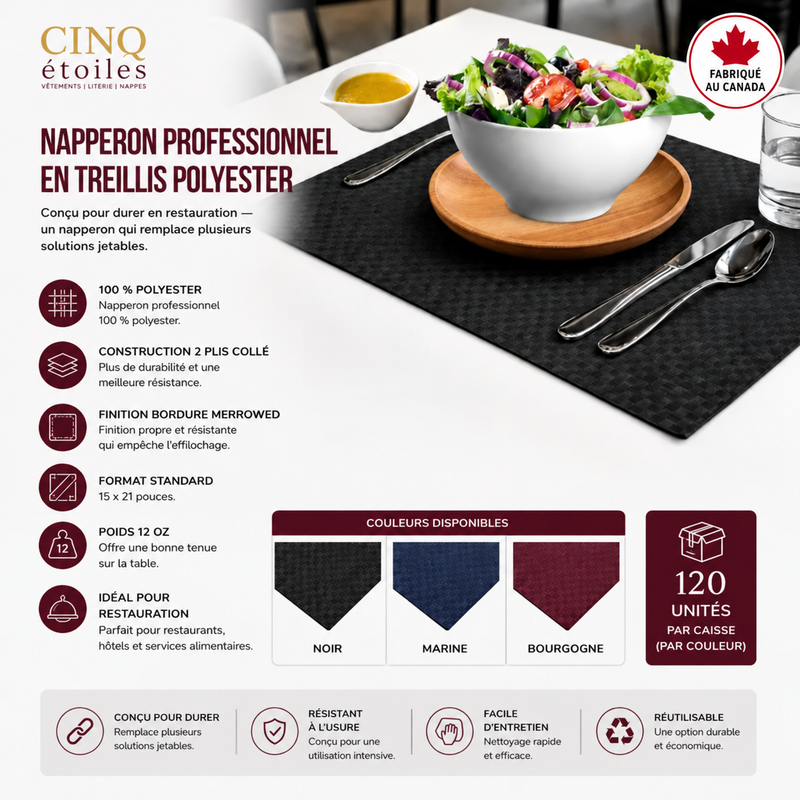 Napperon professionnel en treillis polyester (120 unités) Fabriqué au Canada