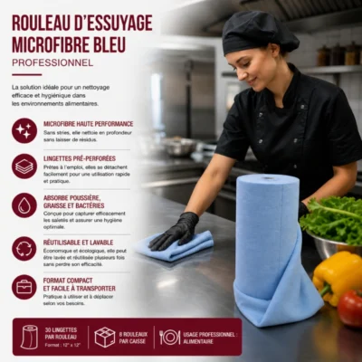 Rouleau d’essuyage microfibre bleu professionnel