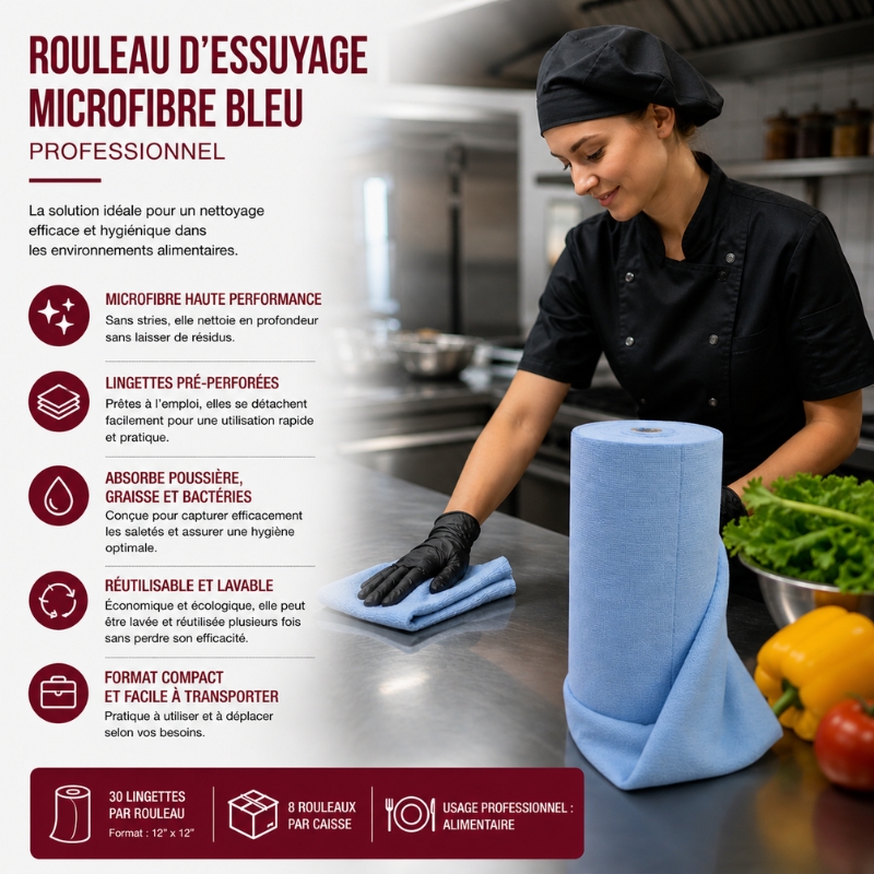 Rouleau d’essuyage microfibre bleu professionnel