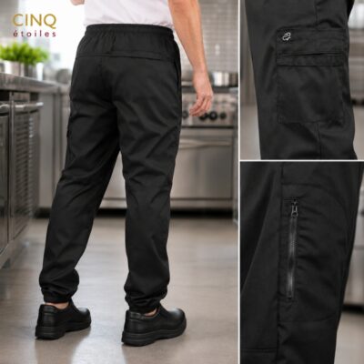 Détails de notre pantalon jogger noir pour les cuisines professionnelles du Québec