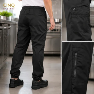 Détails de notre pantalon jogger noir pour les cuisines professionnelles du Québec