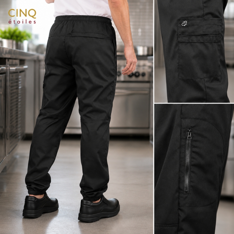 Détails de notre pantalon jogger noir pour les cuisines professionnelles du Québec