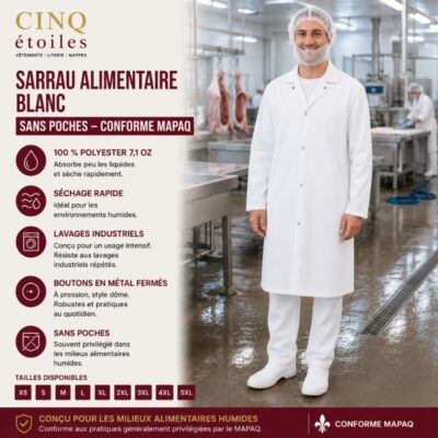 Sarrau alimentaire blanc sans poches conforme MAPAQ en 100 % polyester avec boutons en métal fermés à pression, conçu pour les boucheries, les abattoirs et les entreprises de transformation alimentaire.