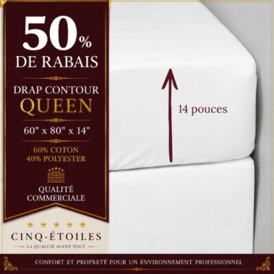 Drap contour Queen 60 % coton / 40 % polyester – 60 po x 80 po x 14 po