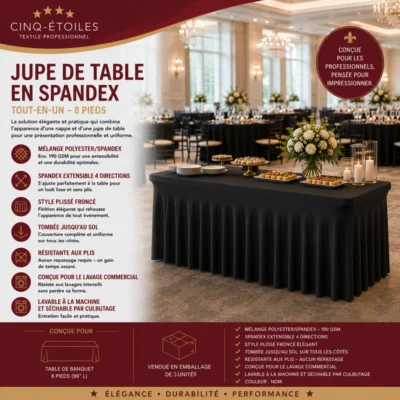 Jupe de table en spandex noire ajustée – Table de banquet 8 pieds