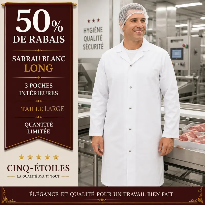 Sarrau alimentaire blanc 3 poches intérieures -50% de rabais Taille large