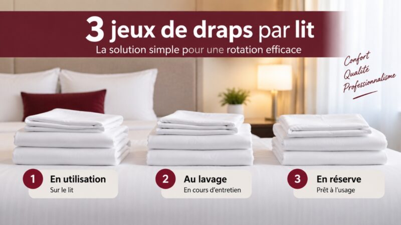 Trois jeux de draps par lit : un en utilisation, un au lavage et un en réserve