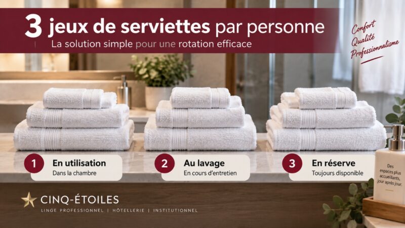 Trois jeux de serviettes de ratine par personne : un en utilisation, un au lavage et un en réserve
