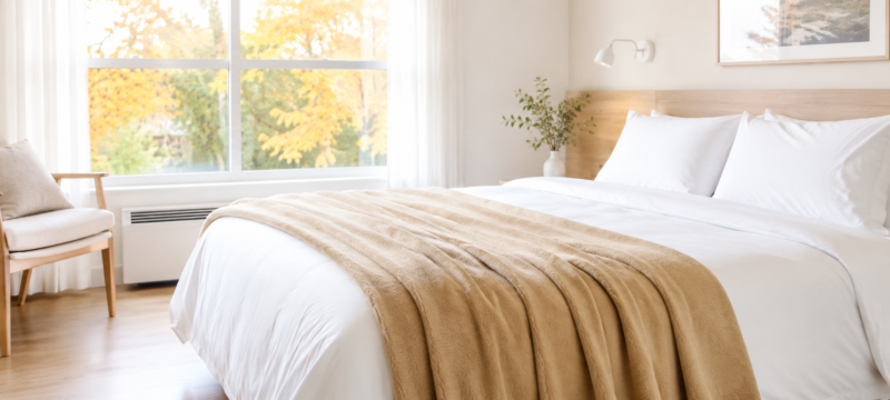 Chambre d’auberge avec literie blanche et couverture polaire tan