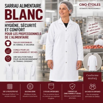Sarrau alimentaire blanc long – 3 poches intérieures – Boutons dôme – Conforme MAPAQ