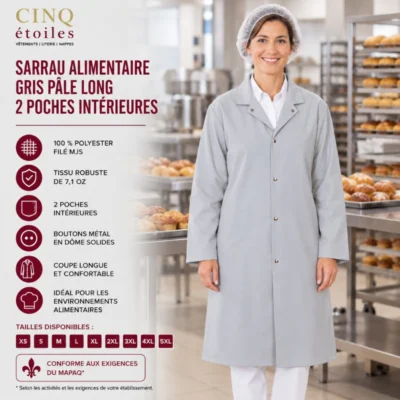 Sarrau alimentaire gris pâle long – 2 poches basses intérieures