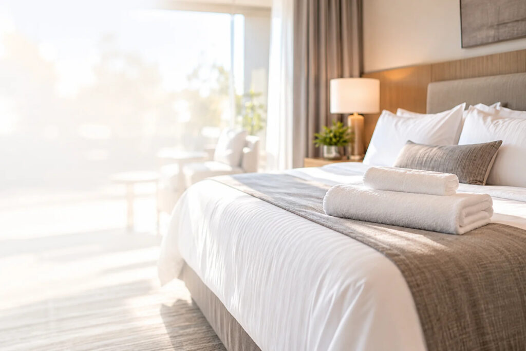 Literie professionnelle blanche installée dans une chambre d’hôtel
