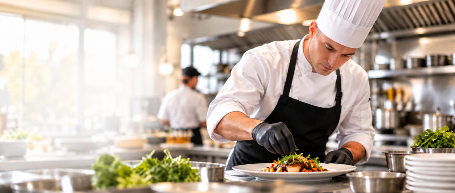 Chef cuisinier en tenue professionnelle blanche préparant un plat en cuisine professionnelle